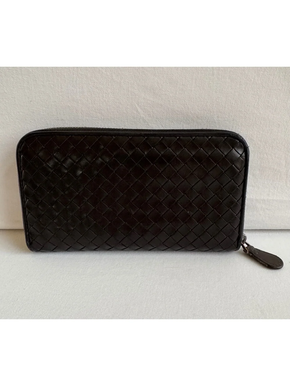 Bottega Veneta Intrecciato Zip Around Wallet Dark Brown Leather Made Italy COA